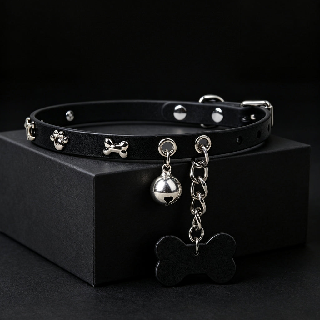 Cowhide Leather Bell Choker with Bone Tag & Leash – front view | Blackyyds