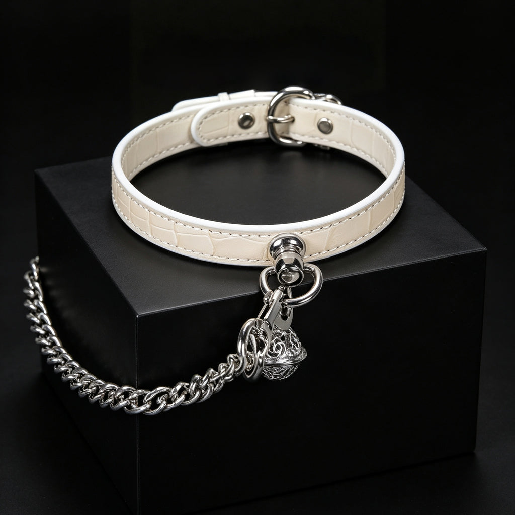 White Croc-Embossed Cowhide Leather Bell Choker with Leash – front view | Blackyyds