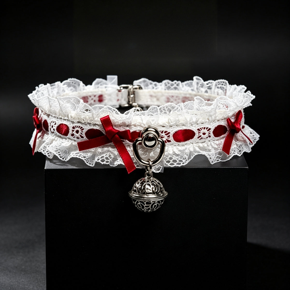 Lace Cowhide Leather Choker with Bow & Palace Bell – front view | Blackyyds