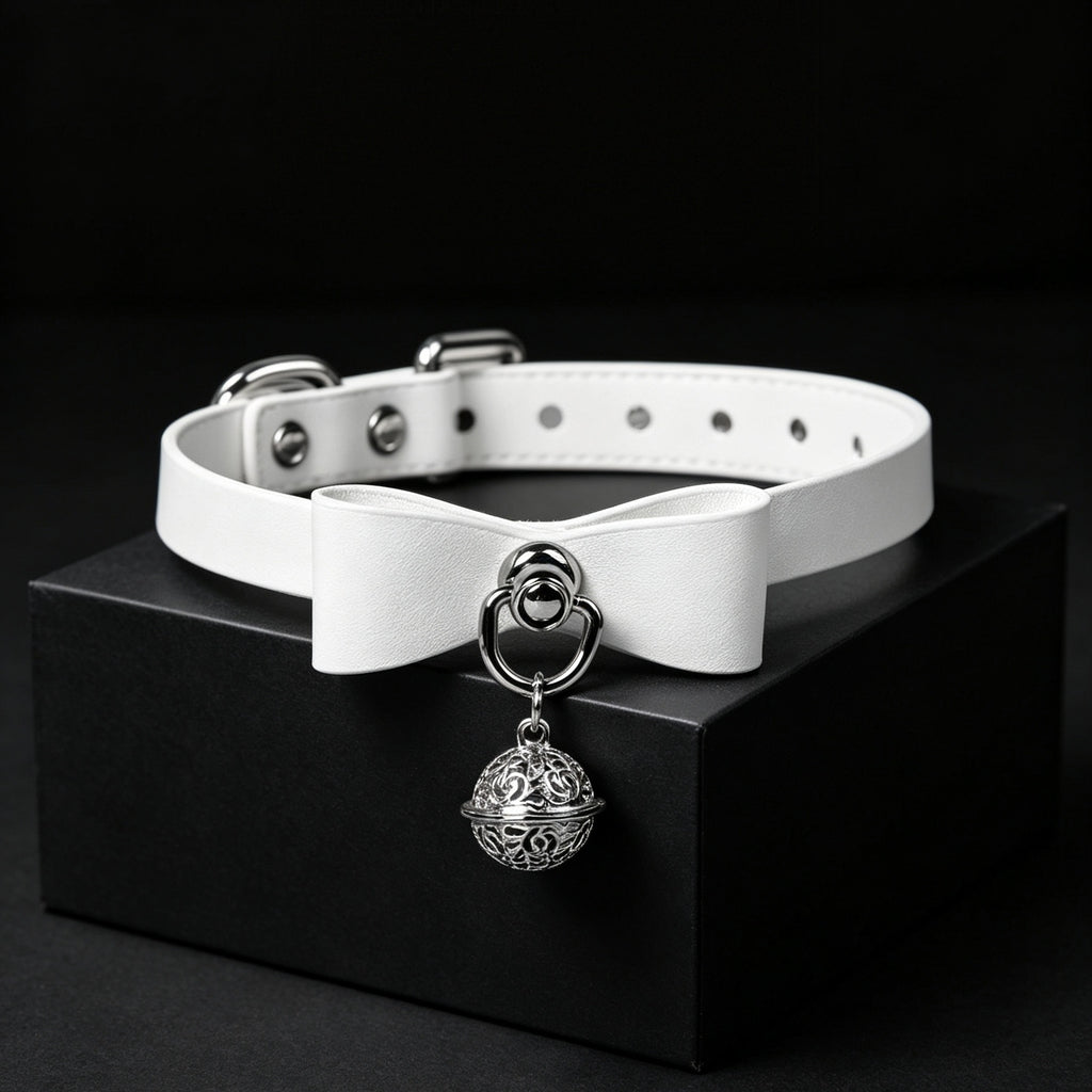 Bow Bell Leather Choker Necklace with Leash Chain – front view | Blackyyds