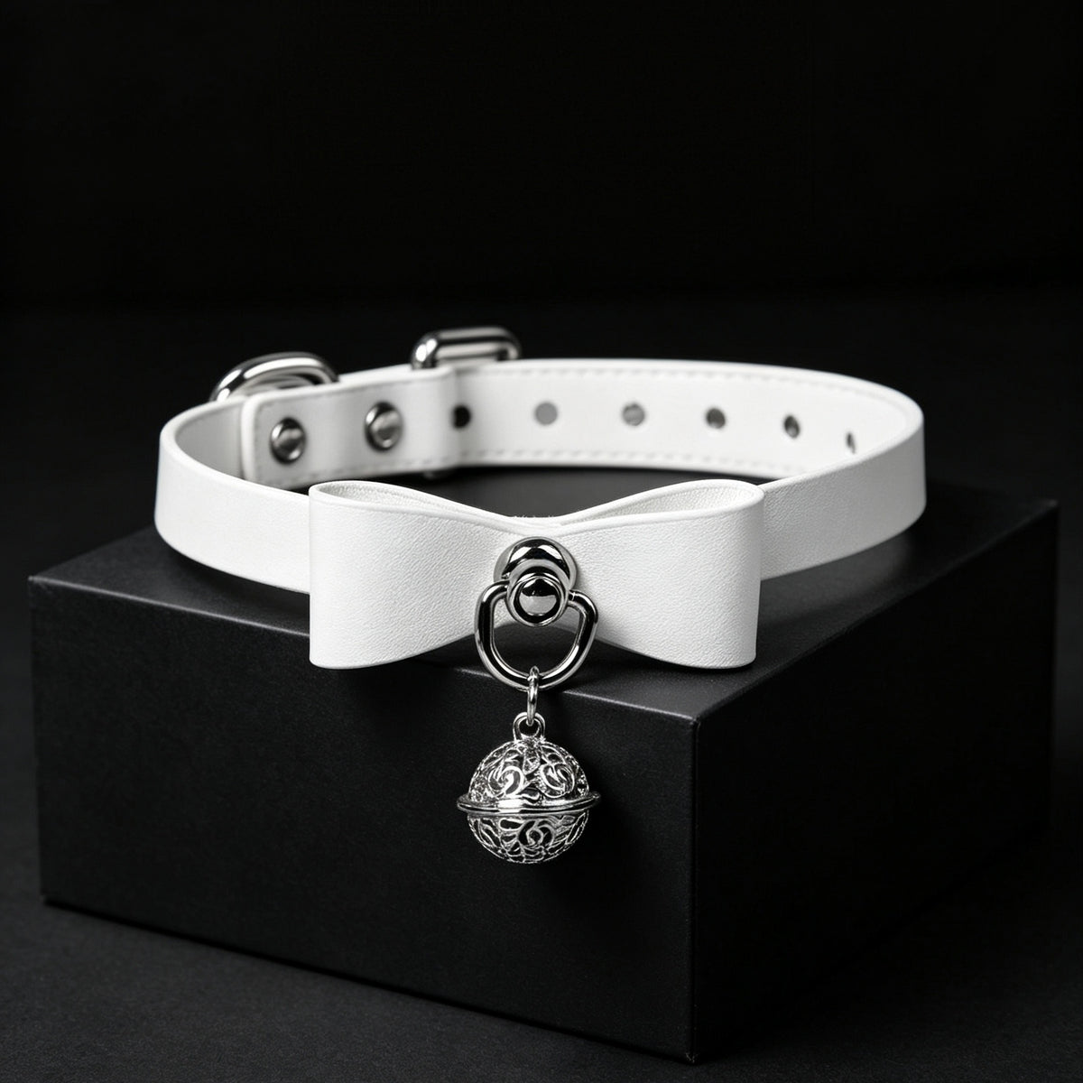 Bow Bell Leather Choker Necklace with Leash Chain – front view | Blackyyds