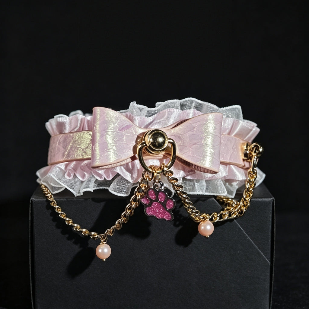 Handmade Pink Bow Lace Choker with Leash Chain – front view | Blackyyds