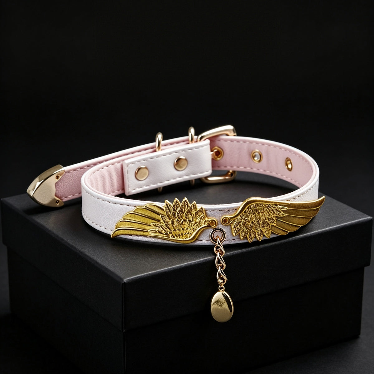 Pearlescent Pink Gold Wing Pendant Choker – front view | Blackyyds