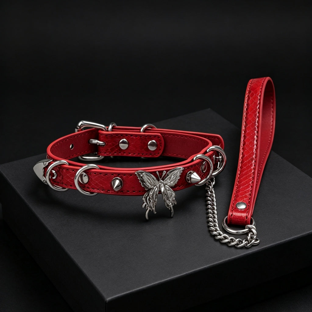 Red Studded Butterfly Choker with Leash – front view | Blackyyds