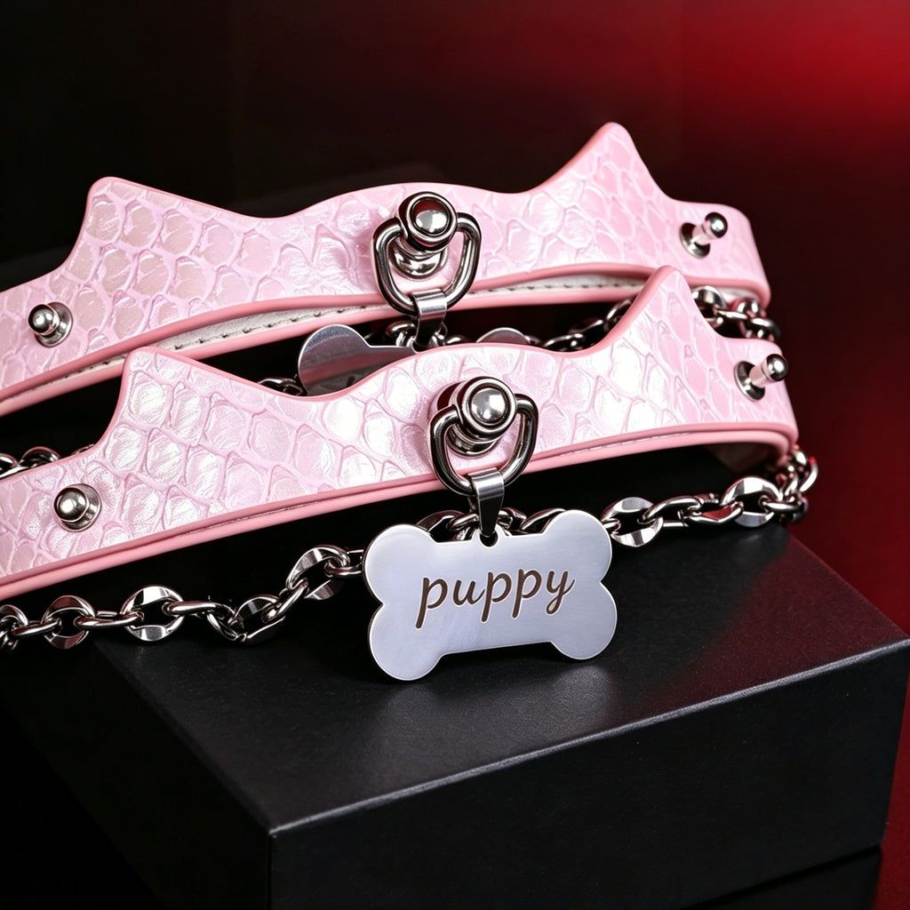 Misty Pink Iridescent Snake Cat Ear Leather Choker with Leash – front view | Blackyyds