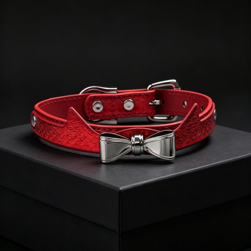Red Snakeskin Cat Ear Bow Rhinestone Choker with Leash – front view | Blackyyds