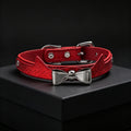 Red Snakeskin Cat Ear Bow Rhinestone Choker with Leash – front view | Blackyyds
