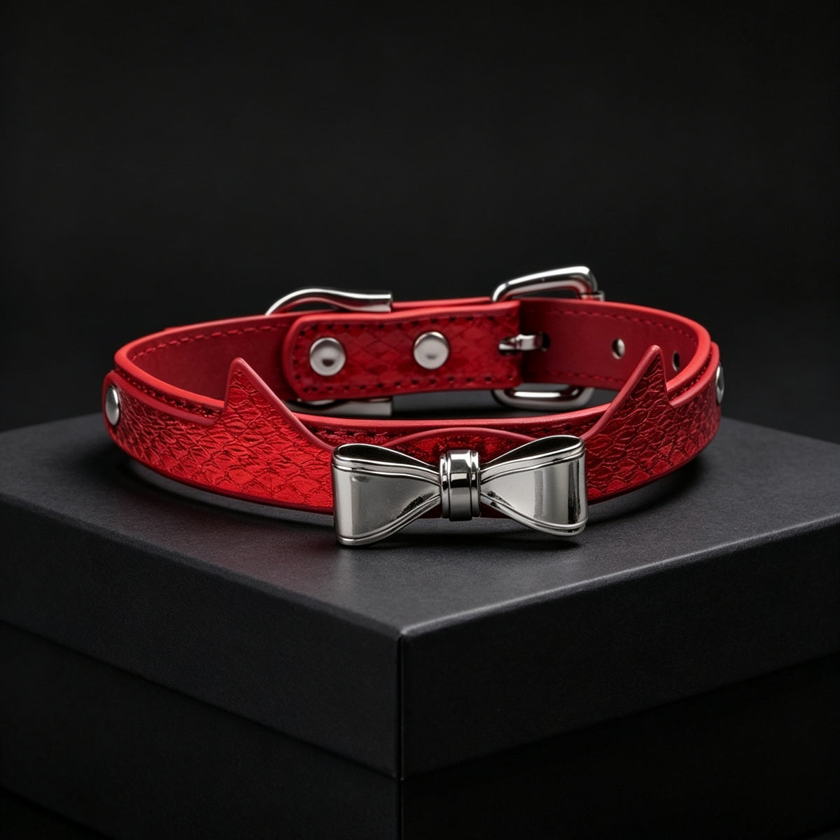 Red Snakeskin Cat Ear Bow Rhinestone Choker with Leash – front view | Blackyyds