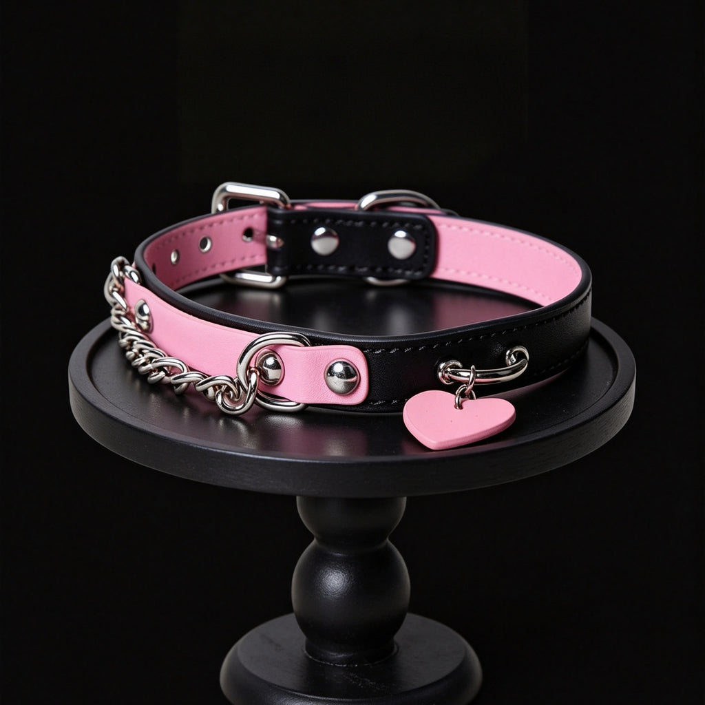 Black & Pink Genuine Leather Heart Choker with Leash – front view | Blackyyds