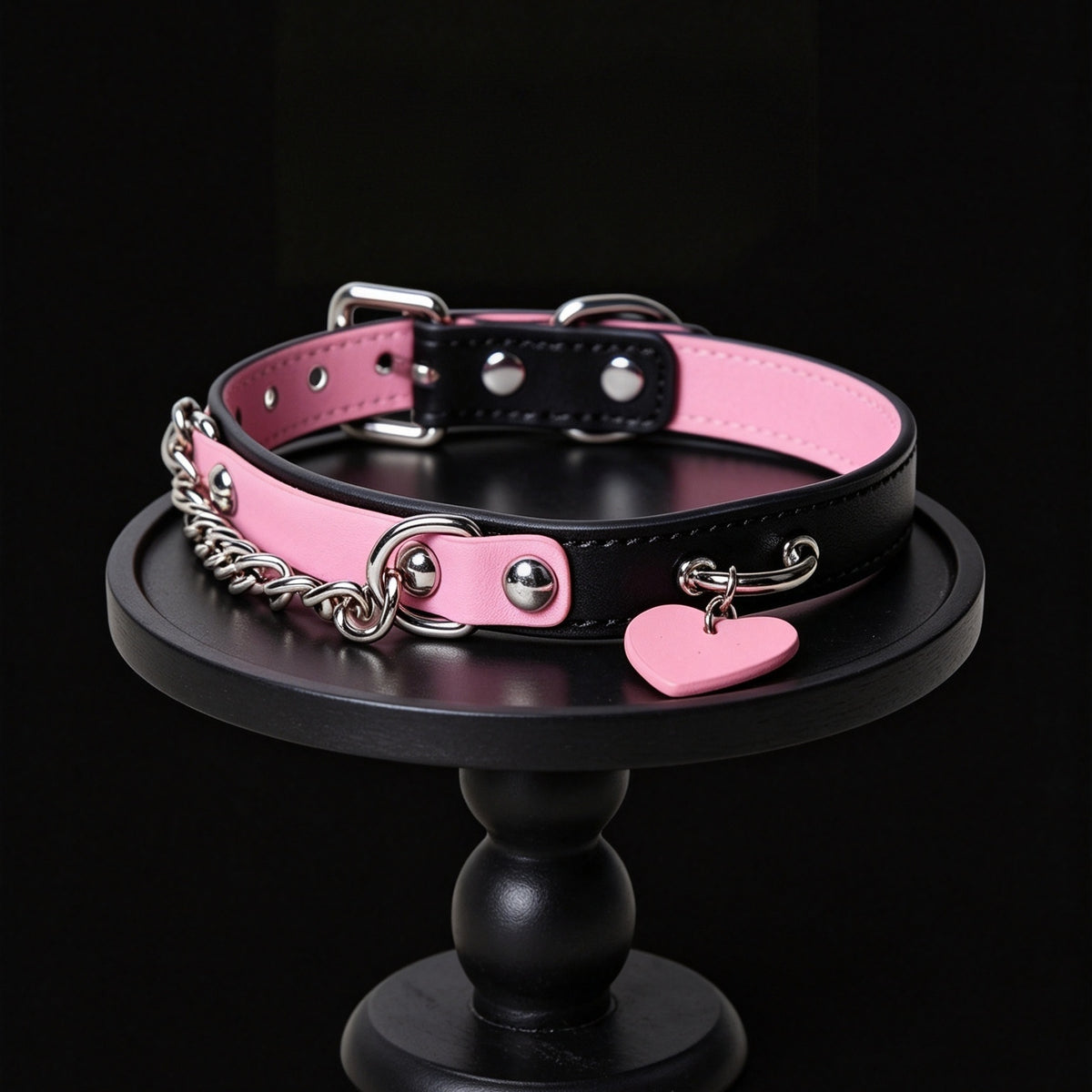 Black & Pink Genuine Leather Heart Choker with Leash – front view | Blackyyds