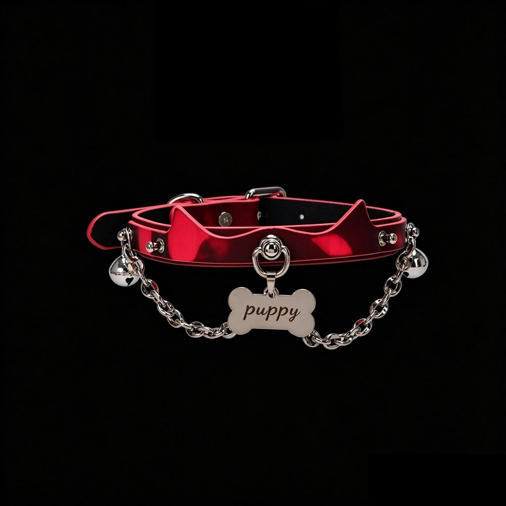 Cat Charm Thermochromic Leather Bell Choker – front view | Blackyyds