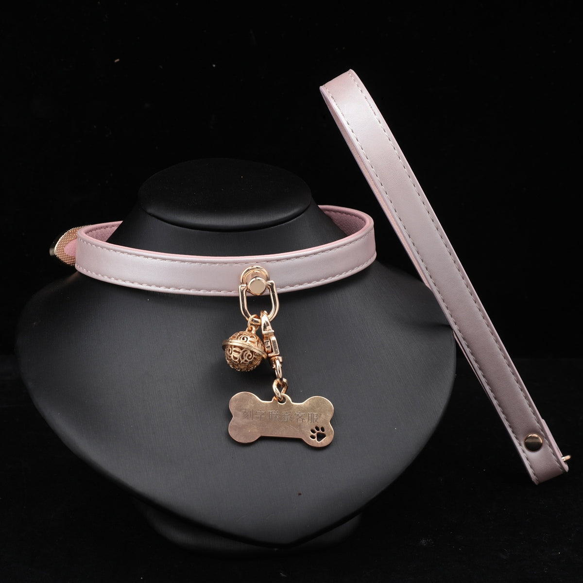 Pearlescent Pink Dog Tag Bell Choker Necklace – front view | Blackyyds