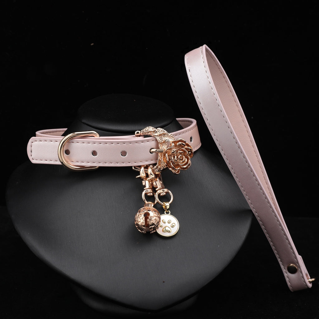 Pearlescent Pink Rose & Butterfly Bell Choker with Leash – front view | Blackyyds