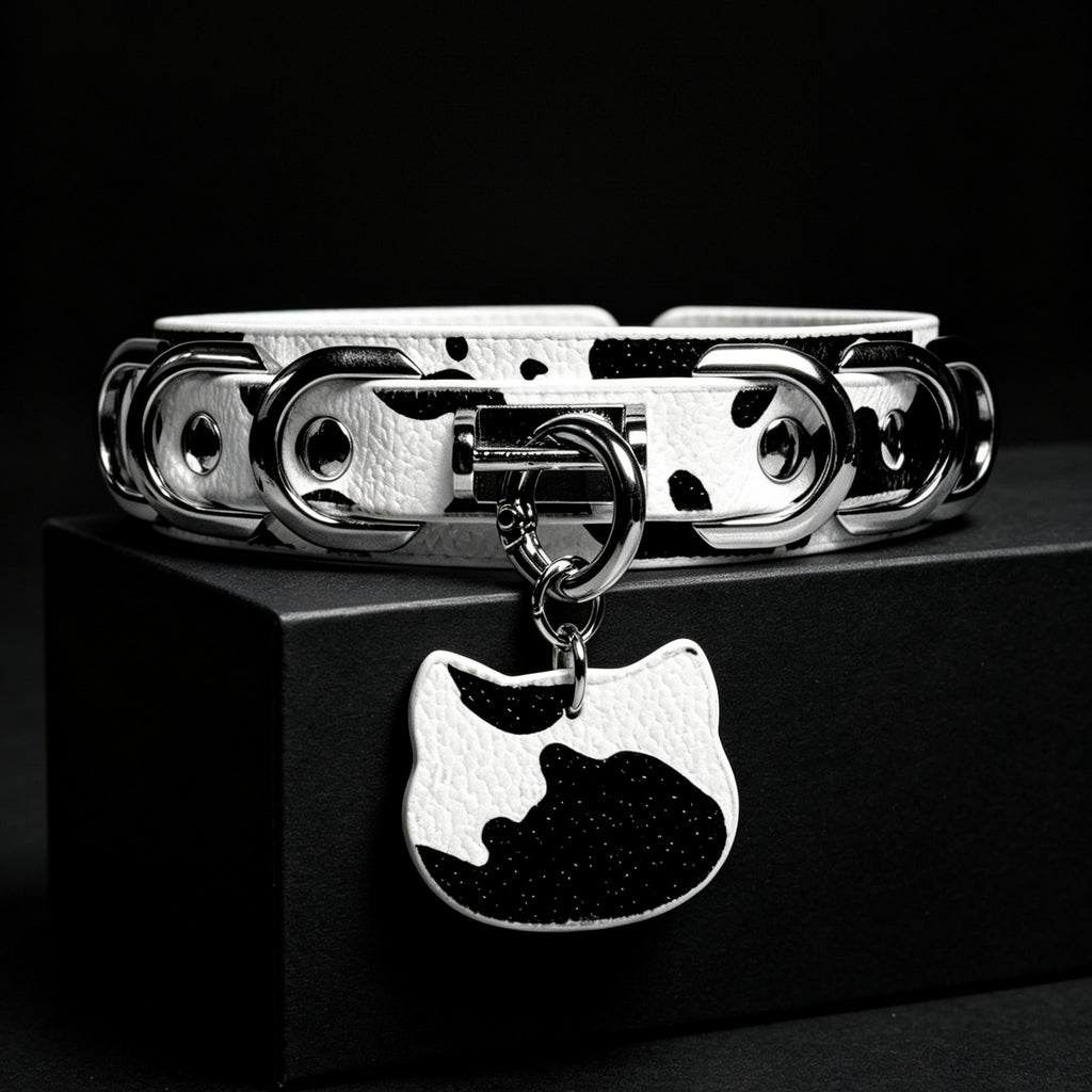 Cow Print Cat Tag Bell Choker with Leash – front view | Blackyyds