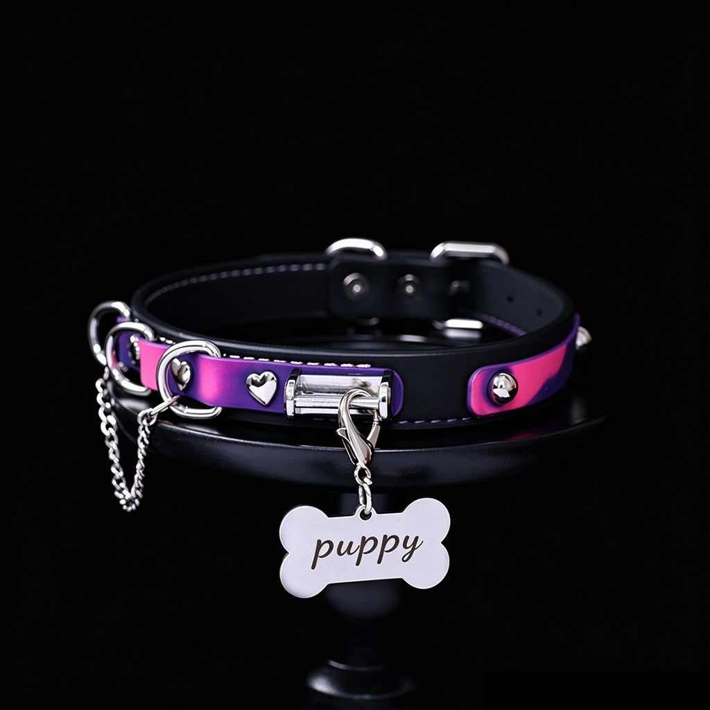 Thermochromic Genuine Leather Bell Choker with Bone Tag & Leash – front view | Blackyyds