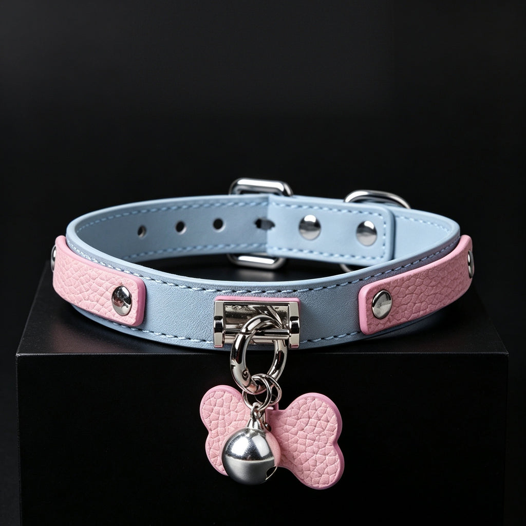 Blue & Pink Bone Charm Bell Choker with Leash Chain – front view | Blackyyds