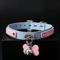 Blue & Pink Bone Charm Bell Choker with Leash Chain – front view | Blackyyds
