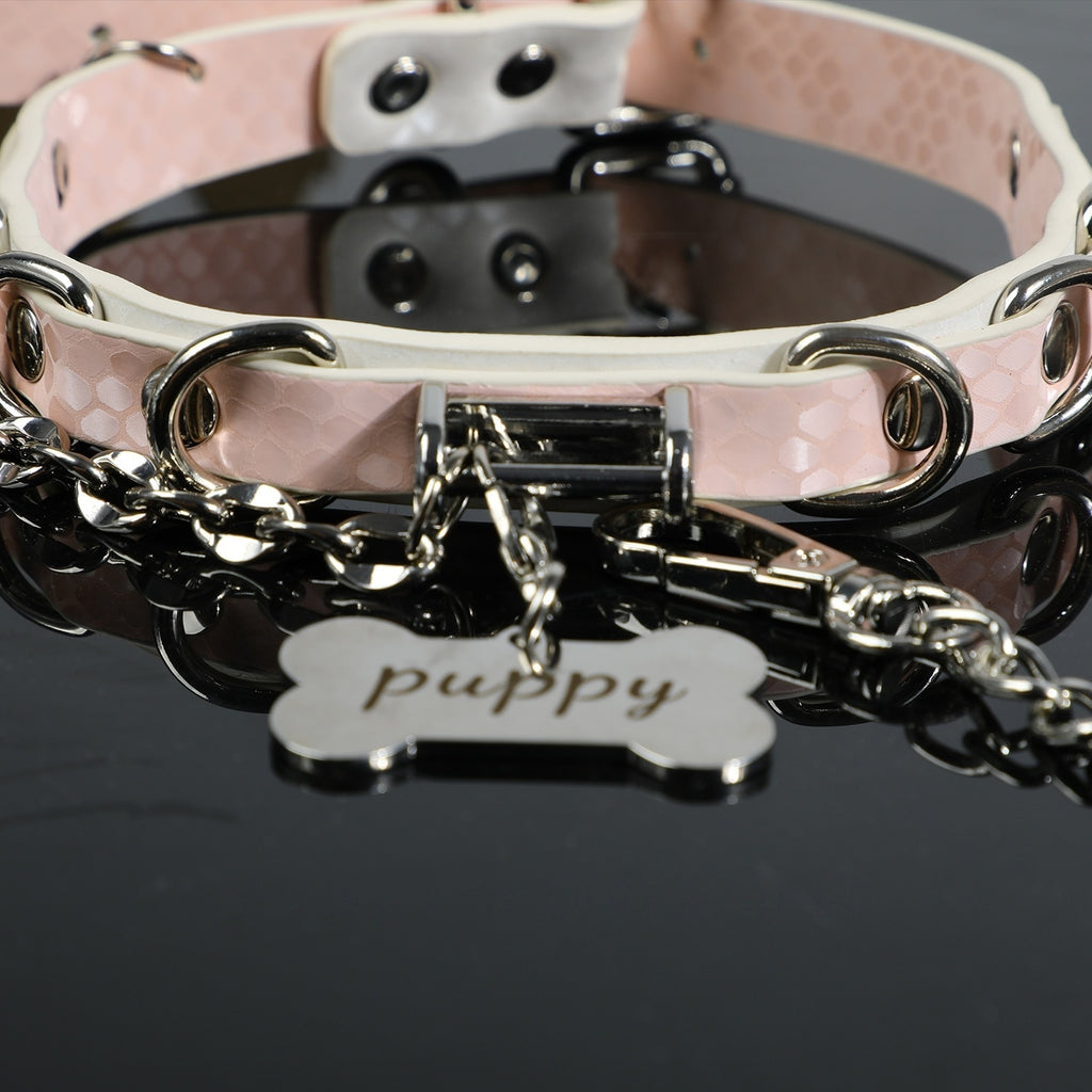 Soft Pink Snake-Texture Leather Bell Choker with Bone Tag – front view | Blackyyds