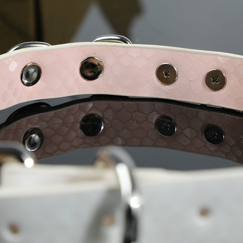 Soft Pink Snake-Texture Leather Bell Choker with Bone Tag – detail view | Blackyyds