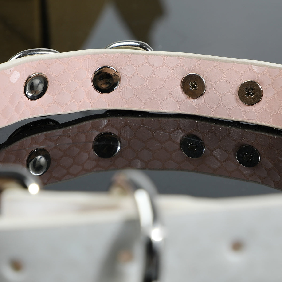 Soft Pink Snake-Texture Leather Bell Choker with Bone Tag – detail view | Blackyyds
