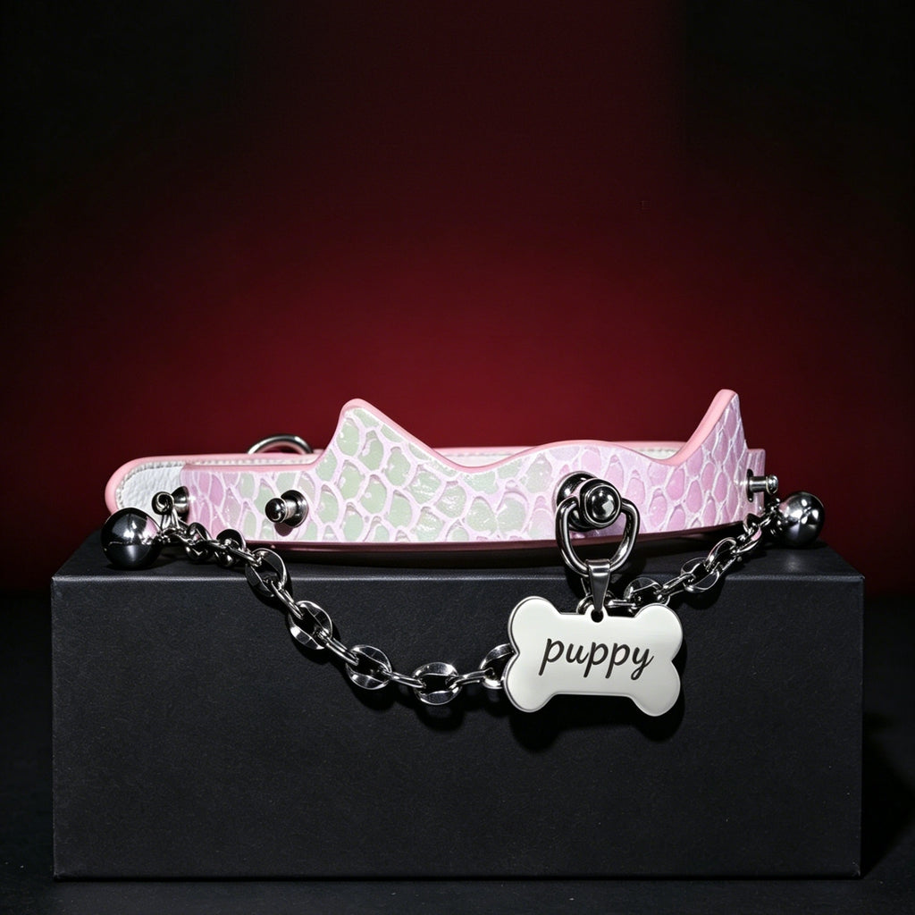 Misty Pink Iridescent Snake Cat Ear Leather Choker with Leash – detail view | Blackyyds