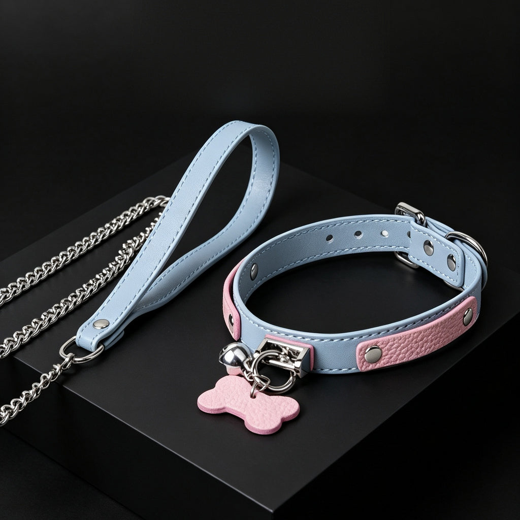 Blue & Pink Bone Charm Bell Choker with Leash Chain – detail view | Blackyyds