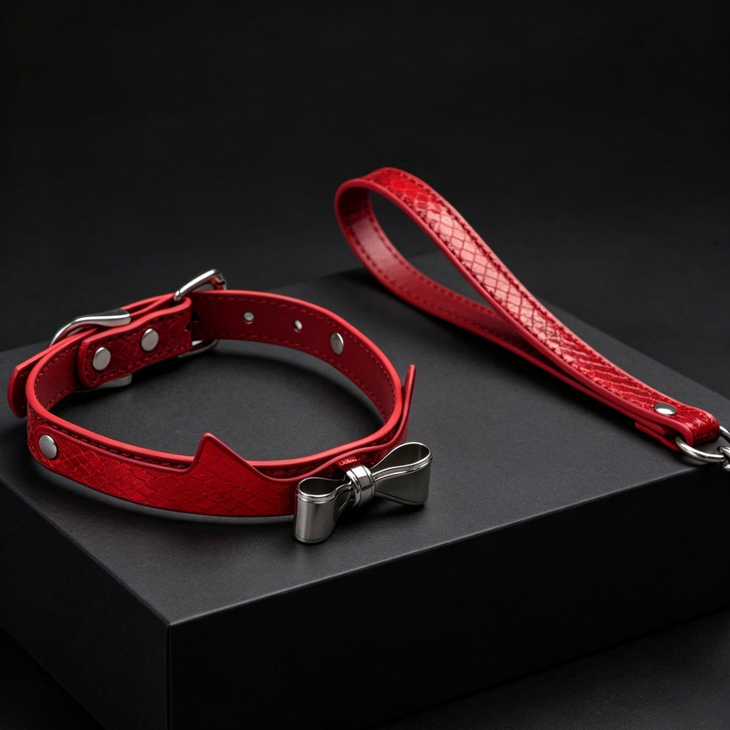 Red Snakeskin Cat Ear Bow Rhinestone Choker with Leash – detail view | Blackyyds
