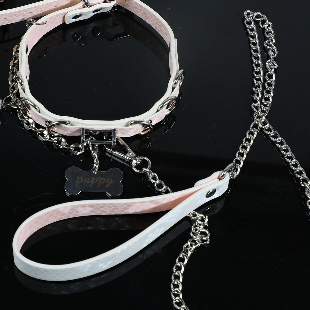 Soft Pink Snake-Texture Leather Bell Choker with Bone Tag – styled view | Blackyyds