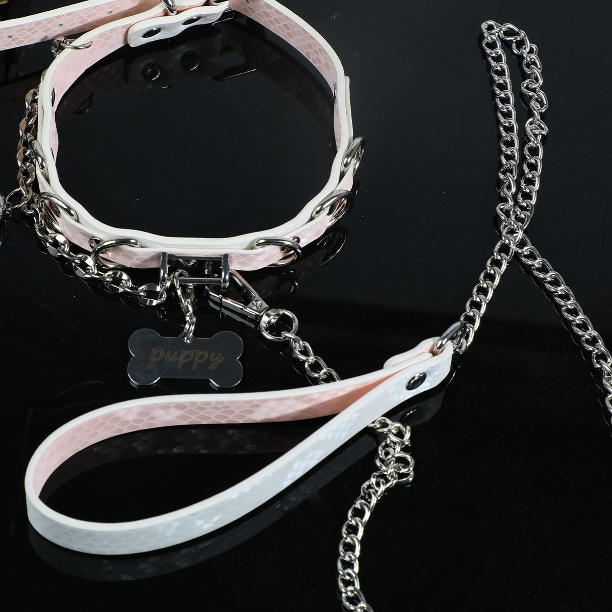 Soft Pink Snake-Texture Leather Bell Choker with Bone Tag – styled view | Blackyyds