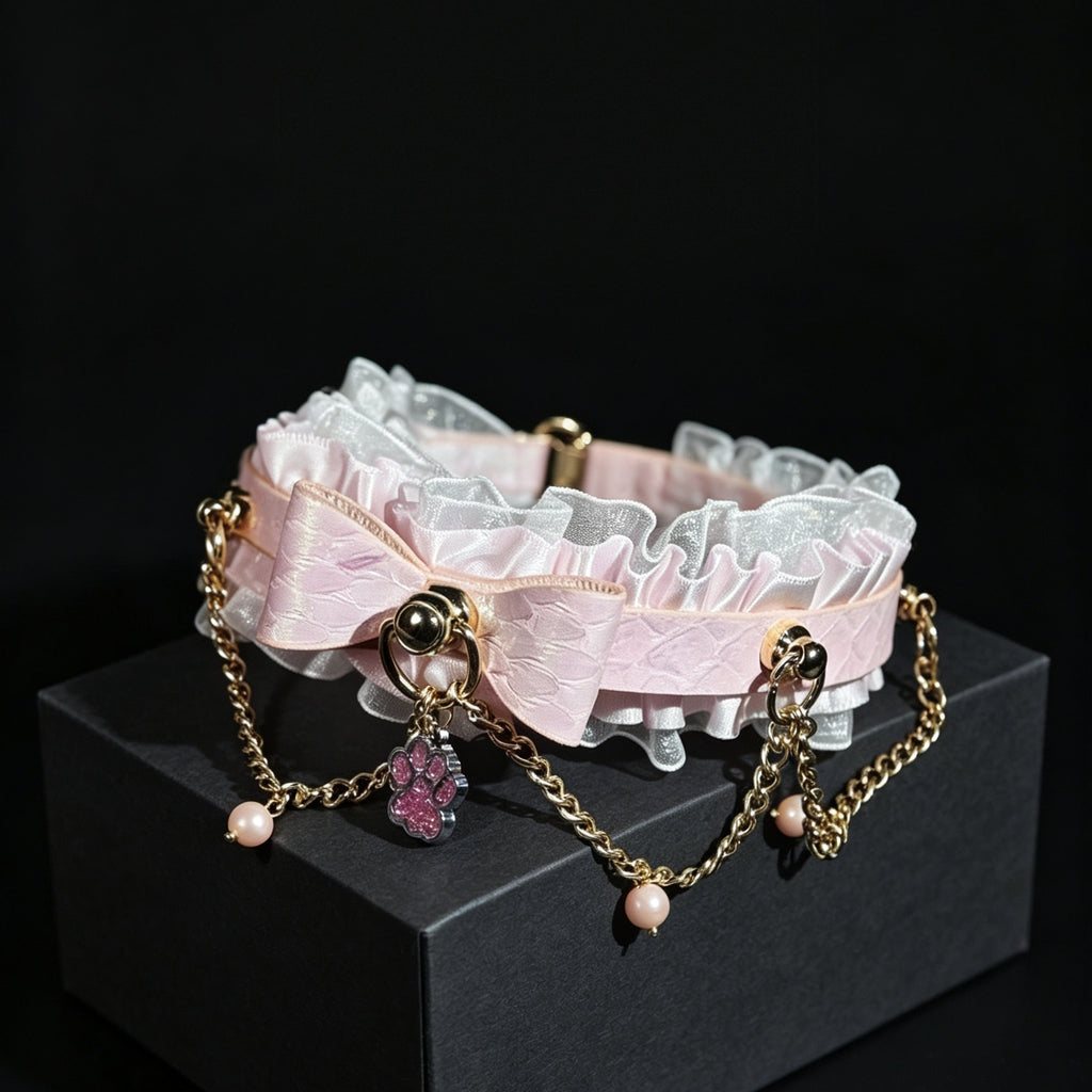 Handmade Pink Bow Lace Choker with Leash Chain – styled view | Blackyyds