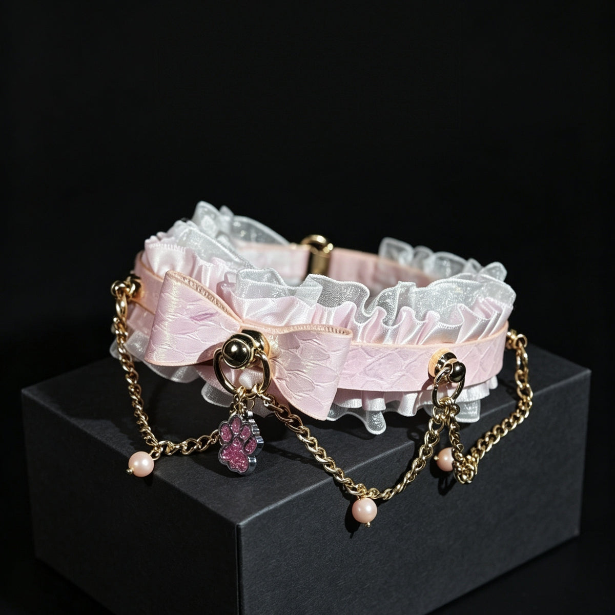 Handmade Pink Bow Lace Choker with Leash Chain – styled view | Blackyyds