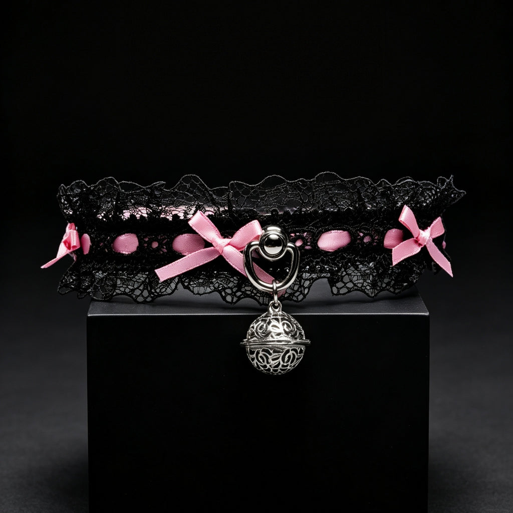 Lace Cowhide Leather Choker with Bow & Palace Bell – styled view | Blackyyds