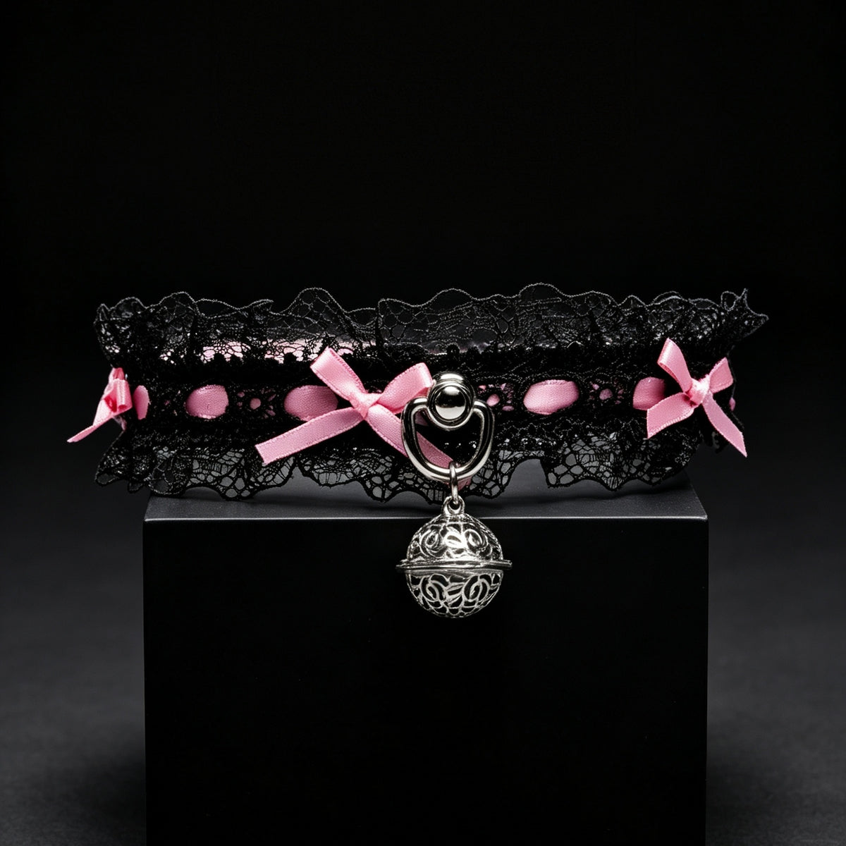 Lace Cowhide Leather Choker with Bow & Palace Bell – styled view | Blackyyds