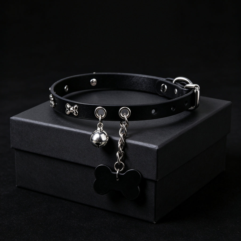 Cowhide Leather Bell Choker with Bone Tag & Leash – styled view | Blackyyds
