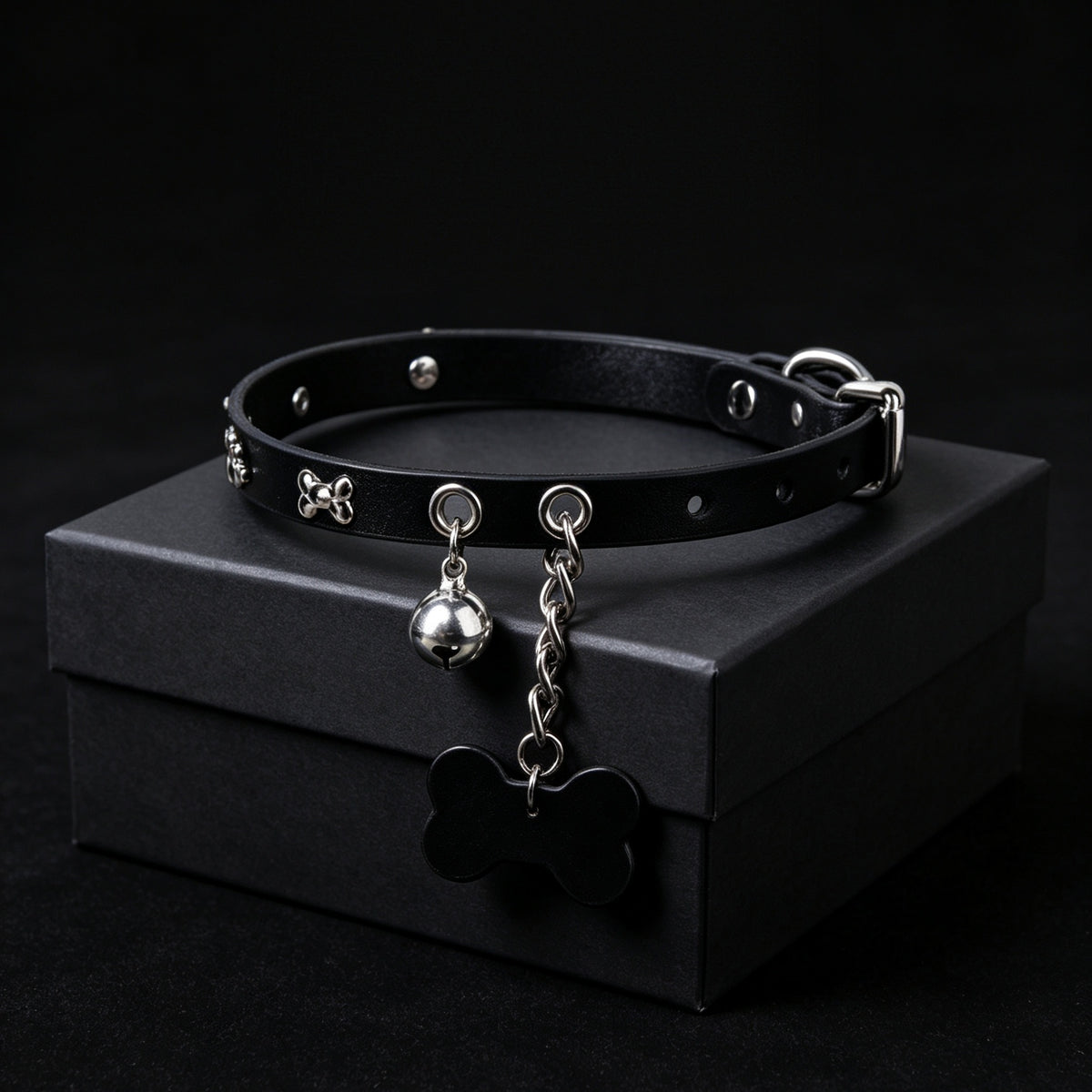 Cowhide Leather Bell Choker with Bone Tag & Leash – styled view | Blackyyds