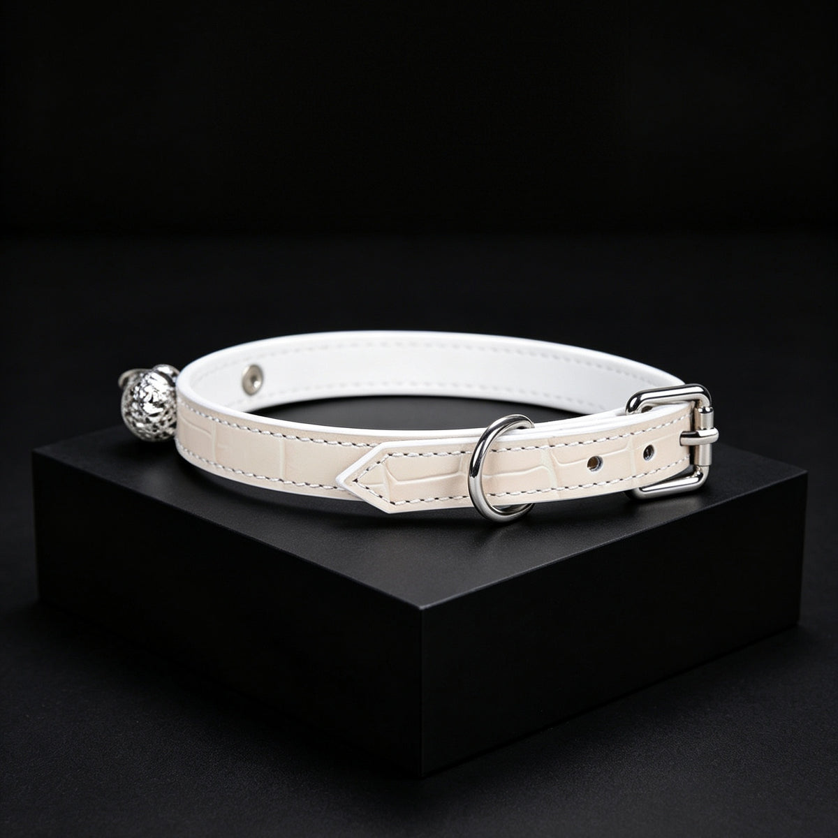 White Croc-Embossed Cowhide Leather Bell Choker with Leash – styled view | Blackyyds