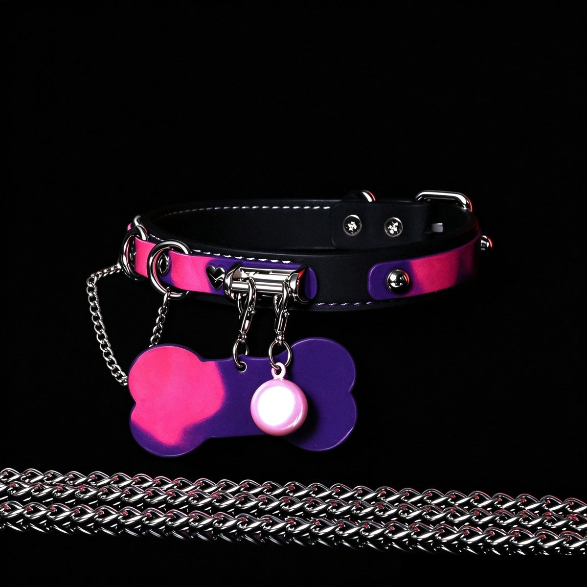 Thermochromic Genuine Leather Bell Choker with Bone Tag & Leash – styled view | Blackyyds