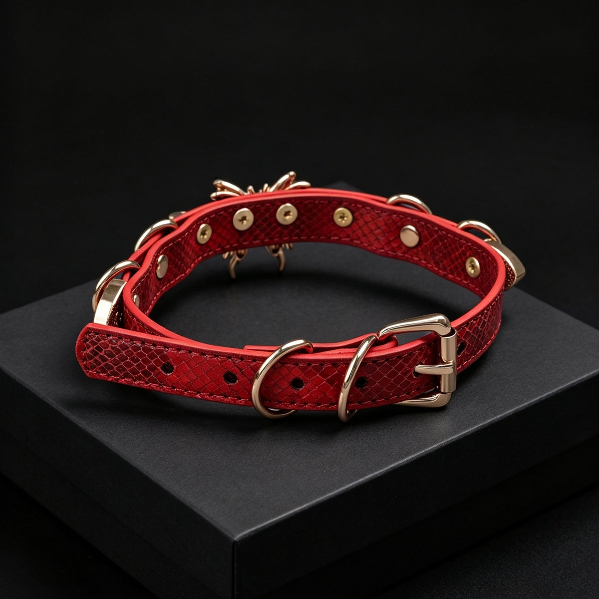 Red Studded Butterfly Choker with Leash – styled view | Blackyyds