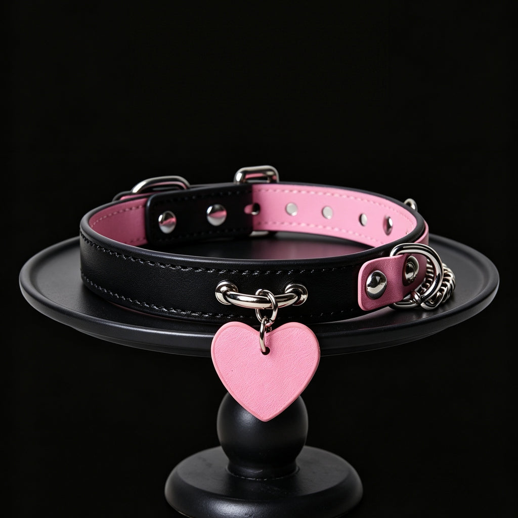 Black & Pink Genuine Leather Heart Choker with Leash – styled view | Blackyyds