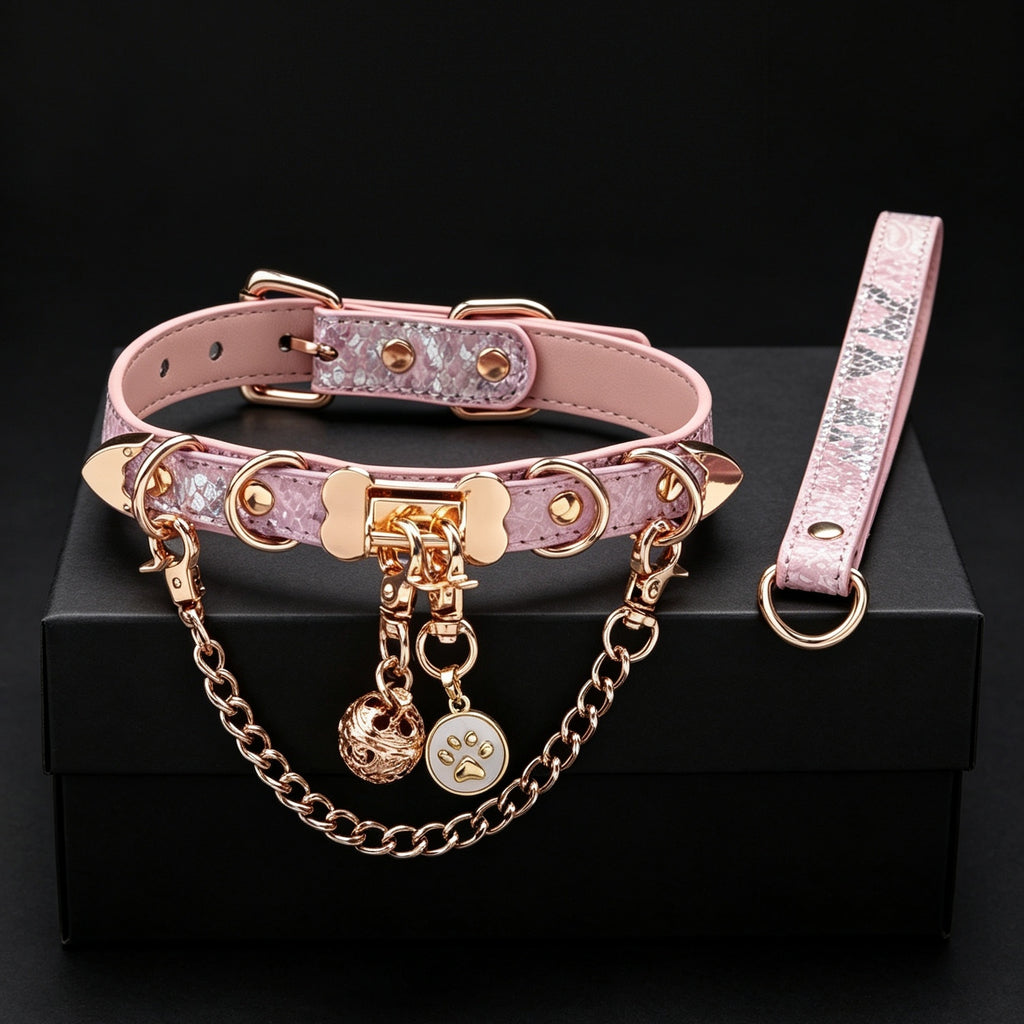 Pink Snake-Texture Choker with Mother-of-Pearl Bell – styled view | Blackyyds
