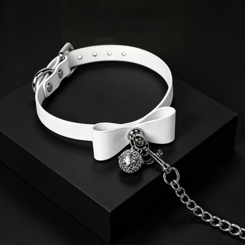 Bow Bell Leather Choker Necklace with Leash Chain – styled view | Blackyyds