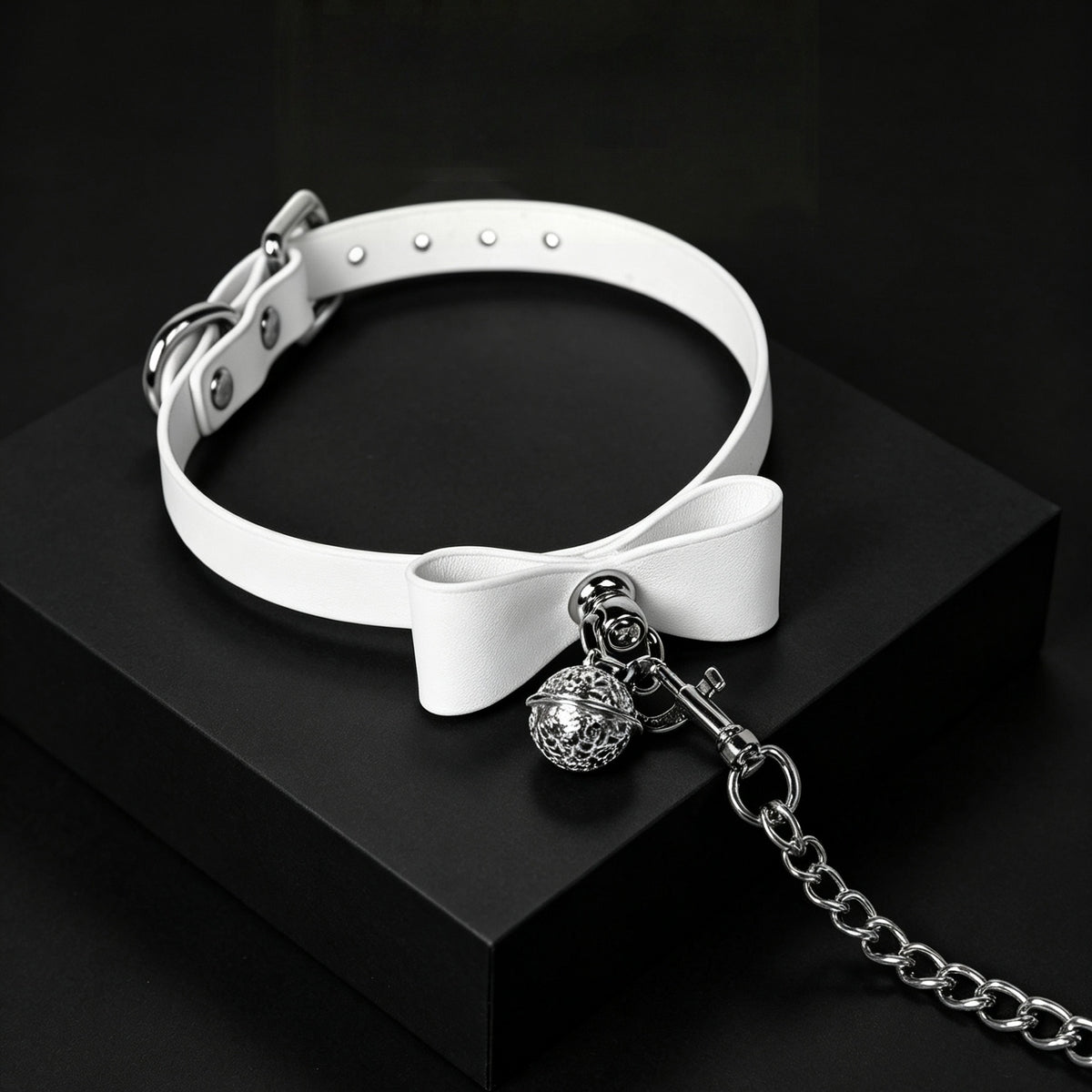 Bow Bell Leather Choker Necklace with Leash Chain – styled view | Blackyyds