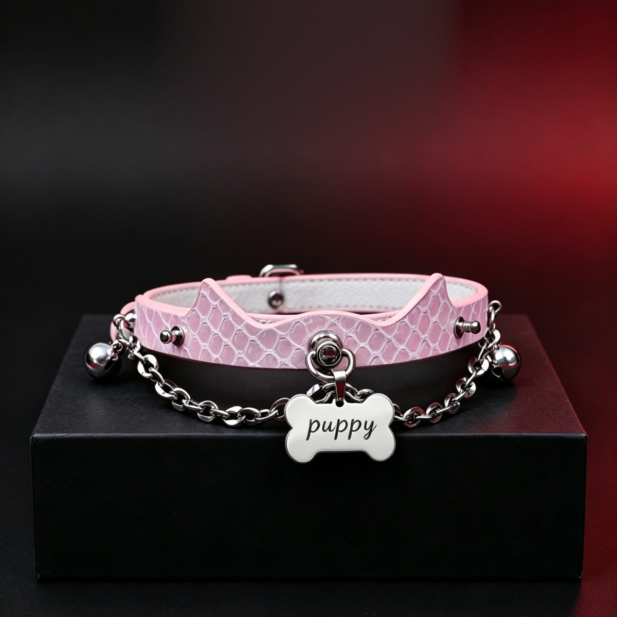Misty Pink Iridescent Snake Cat Ear Leather Choker with Leash – styled view | Blackyyds