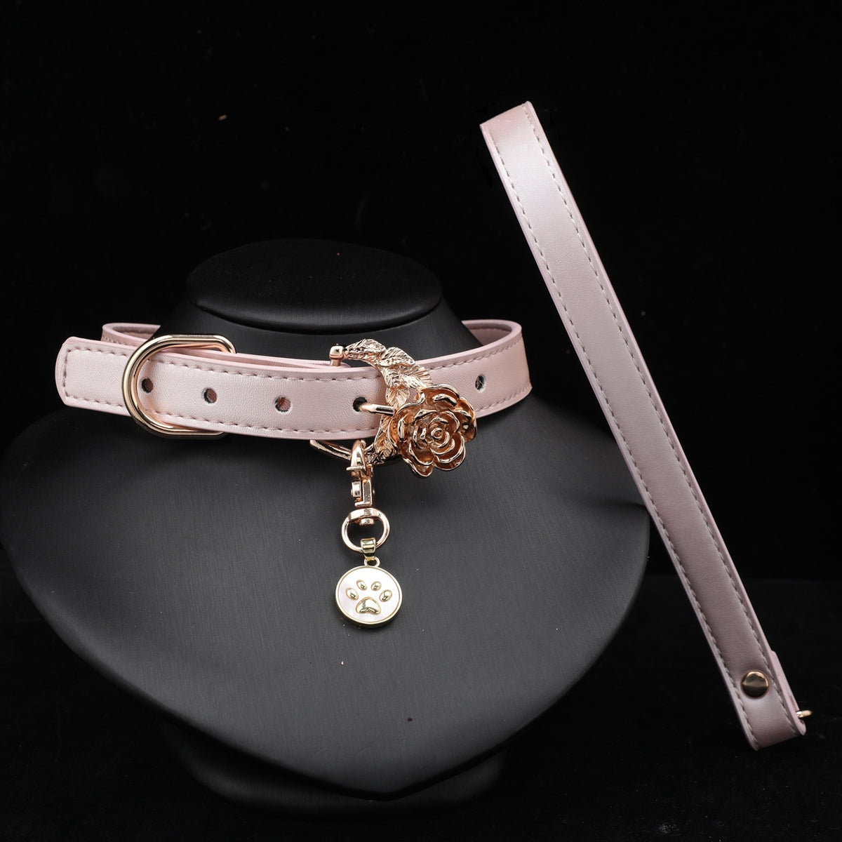 Pearlescent Pink Rose & Butterfly Bell Choker with Leash – styled view | Blackyyds