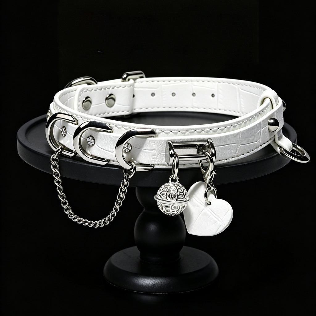 Macaron Leather Bell Choker with Heart Charm & Chain – styled view | Blackyyds