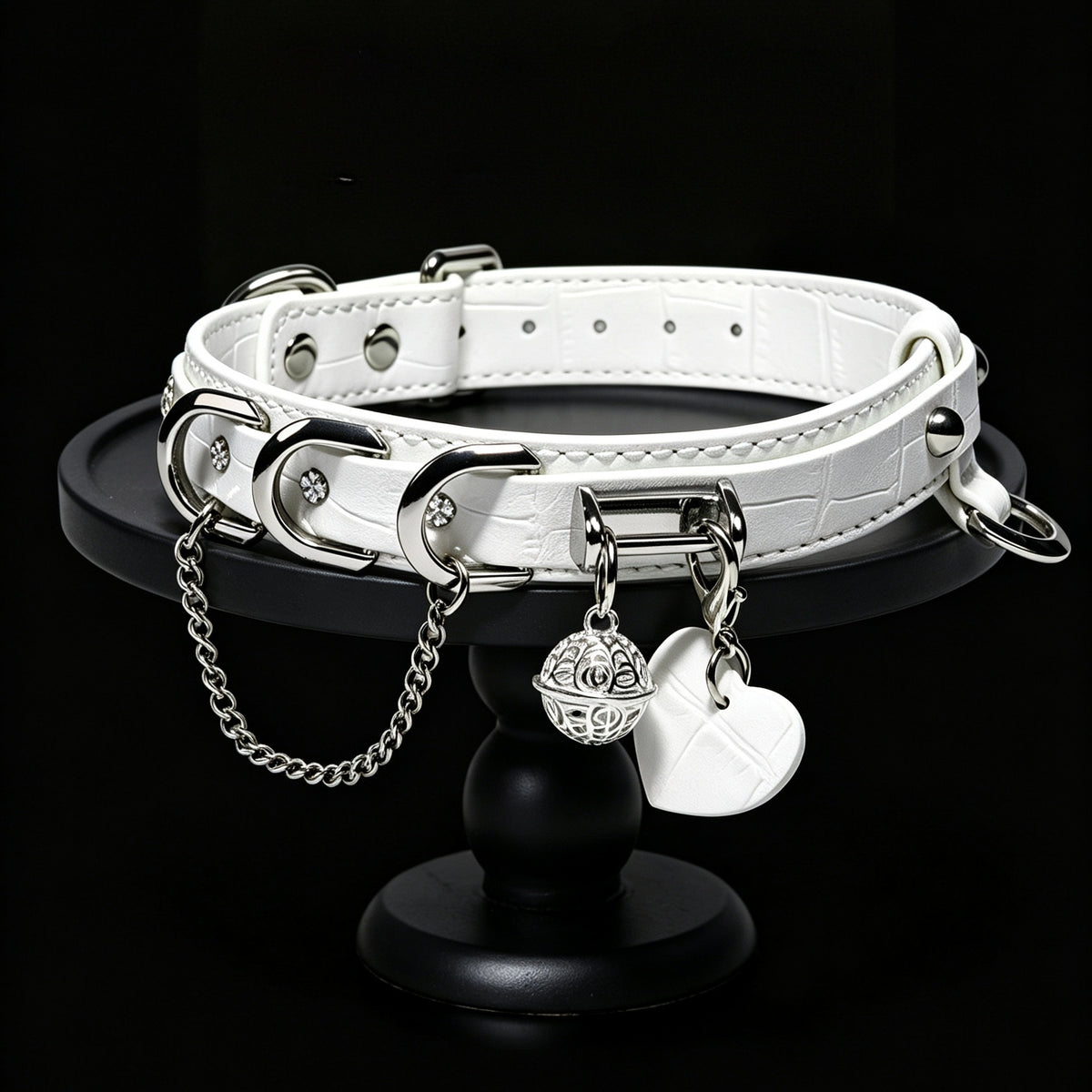 Macaron Leather Bell Choker with Heart Charm & Chain – styled view | Blackyyds