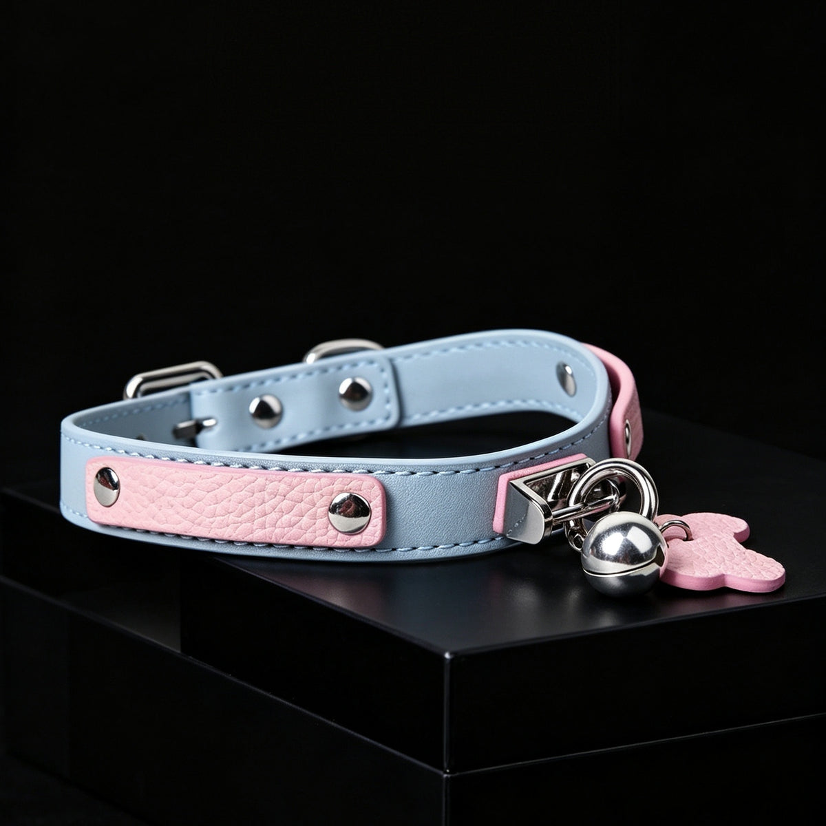 Blue & Pink Bone Charm Bell Choker with Leash Chain – styled view | Blackyyds