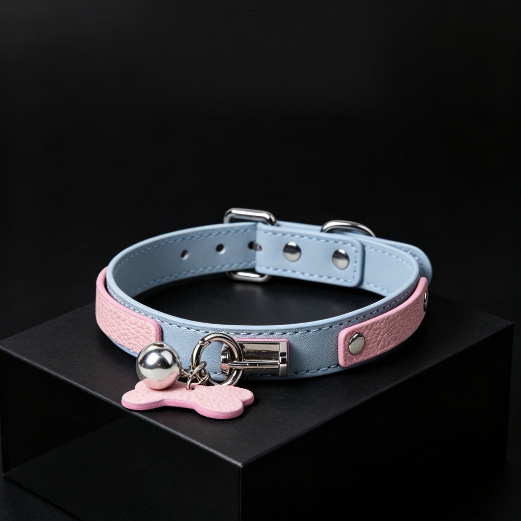 Blue & Pink Bone Charm Bell Choker with Leash Chain – close-up | Blackyyds