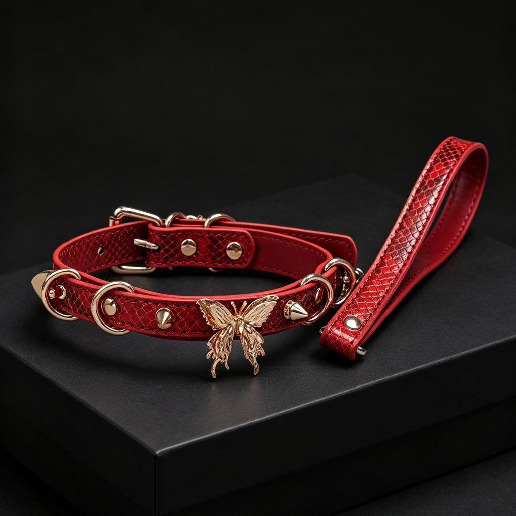 Red Studded Butterfly Choker with Leash – close-up | Blackyyds