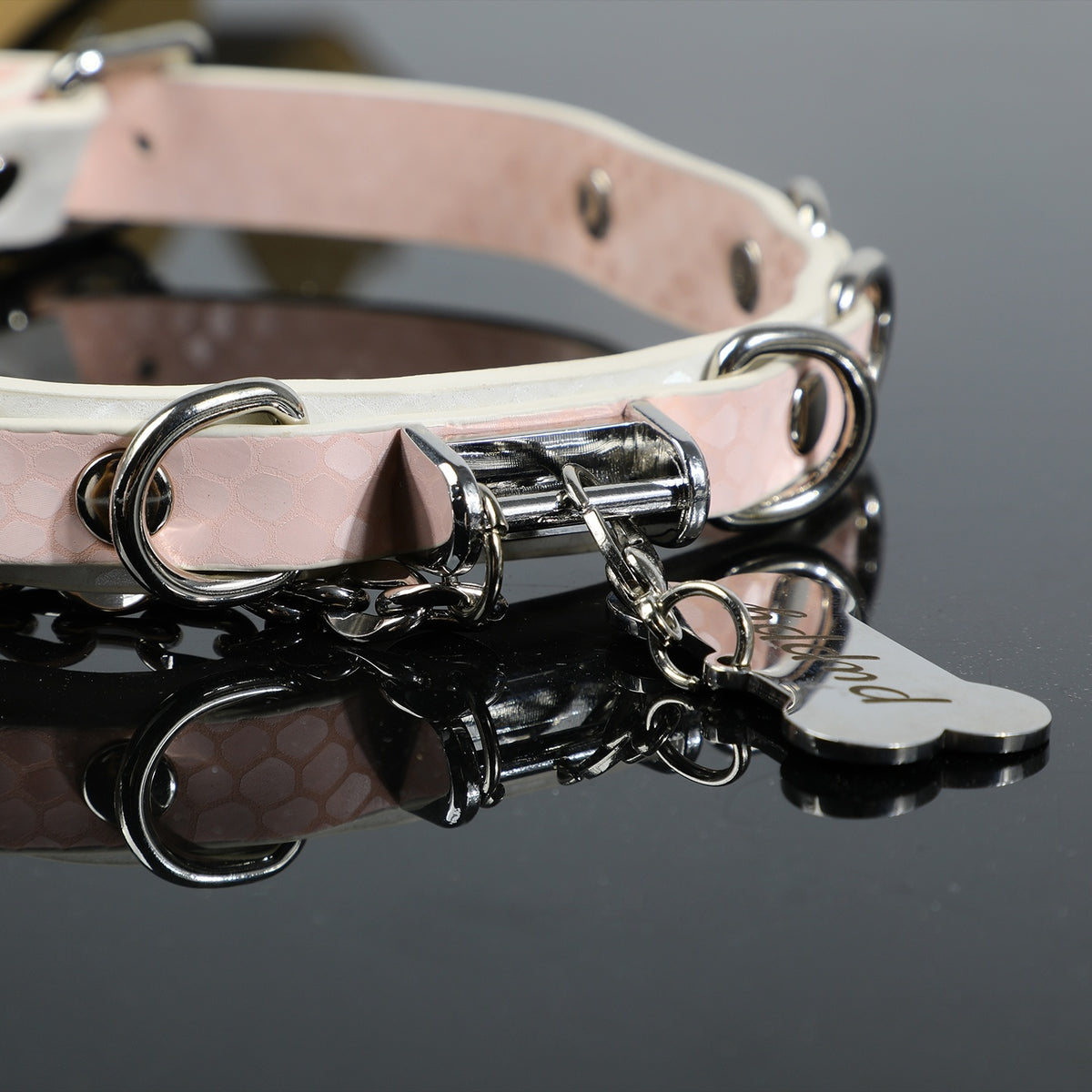 Soft Pink Snake-Texture Leather Bell Choker with Bone Tag – close-up | Blackyyds